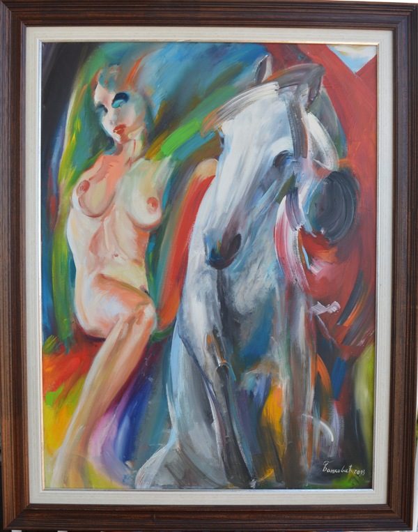 Dama i konj, akademski sl. Goran Bankovic, ulje na platnu, sa 94×74 cm,  bez 80×60 cm, sertifikat, 250 e