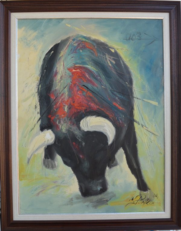 Ranjeni bik, ulje na platnu, sa 94×74 cm,  bez 80×60 cm, akademski slikar Penkov, sertifikat, 330 evra