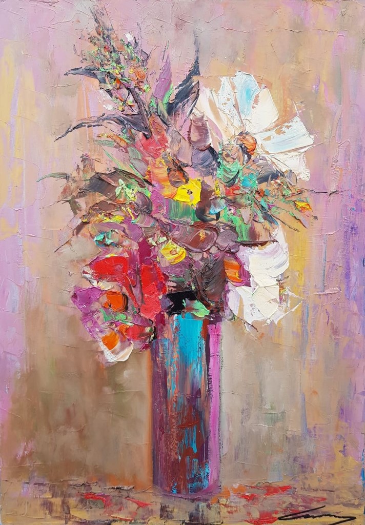 Vaza sa cvećem, ulje na platnu, 50×70 cm, Ivan Vanja Milanovic. sertifikat, 150 eura