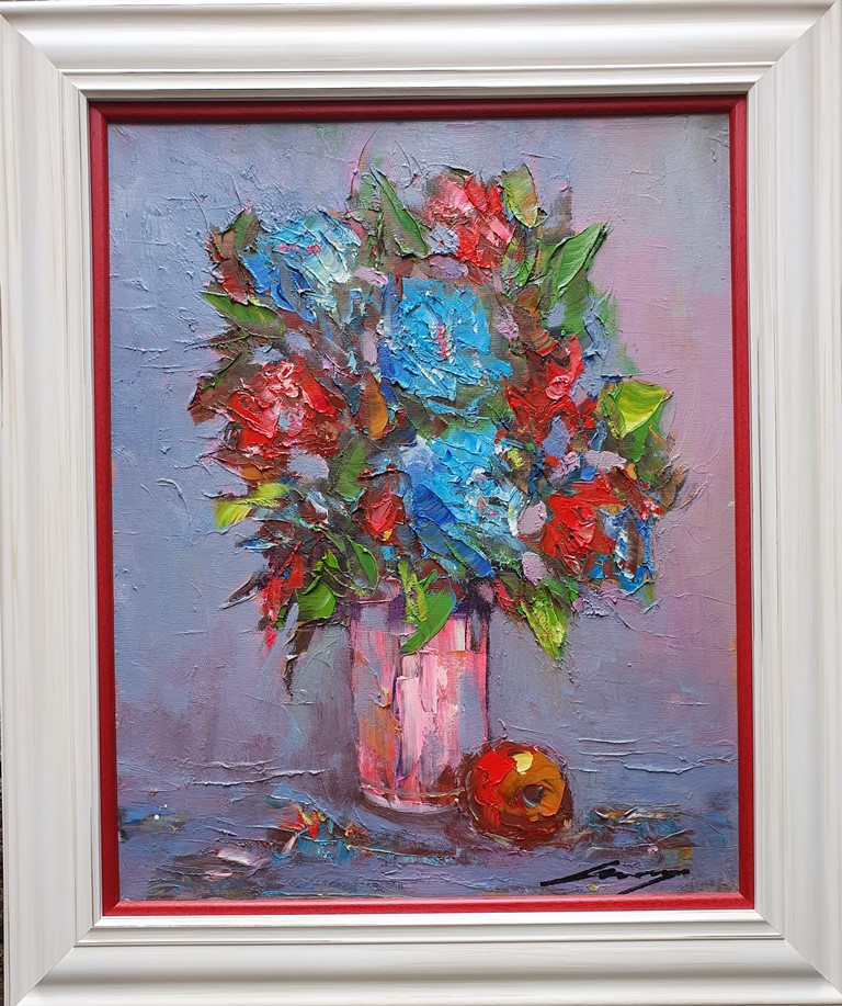Cveće 1, ulje na platnu, Ivan Vanja Milanovic, sa 64×54 cm, bez 50×40 cm, sertifikat, 120 evra