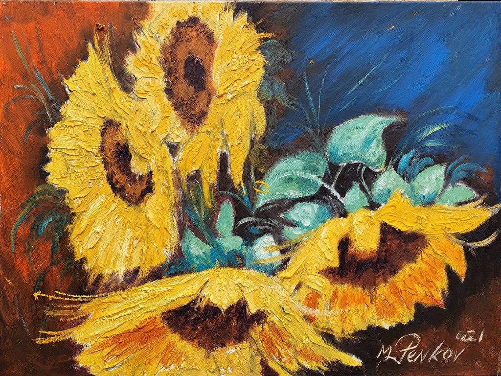 Suncokreti 4, ulje na platnu, 60×80 cm, akademski slikar M. Penkov, sertifikat, 300 eura