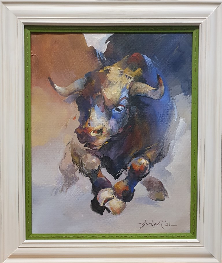 Borbeni bik, k.t. akril ulje na juti, akademski Braca Djurkovic, sa 64×54 cm, bez 50×40 cm, sertifikat, 2021., 800 eura