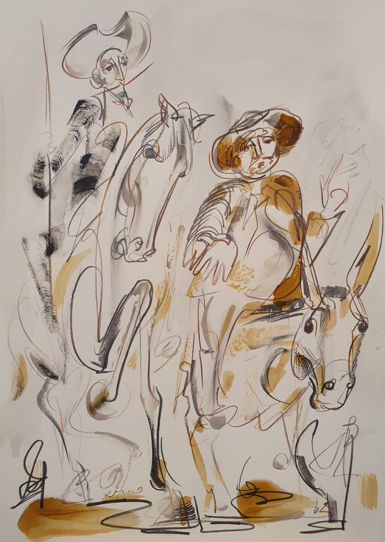 Don Kihot 18, kombinovana ulje i crtez na papiru, 50×35 cm, akademski Dušan Rajšić, sertifikat, 50 eura