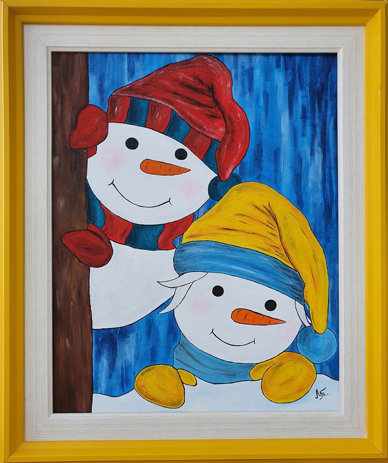 Snežni drugari, akril na platnu, sa 61×51 cm, bez 50×40 cm, Tijana L., sertifikat, 80 eura