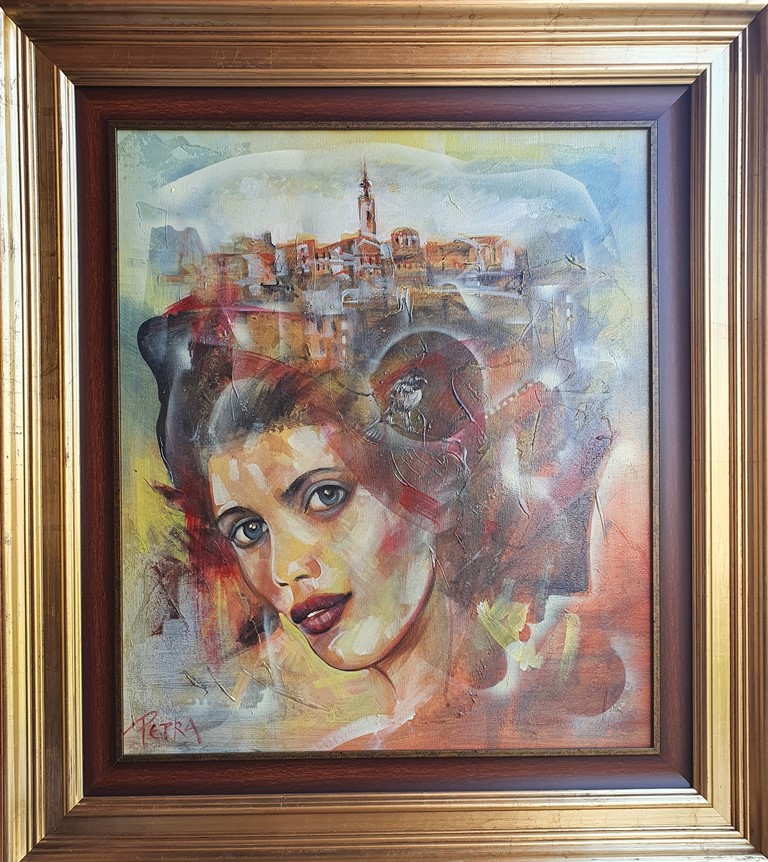 Beograđanka, ulje na platnu, sa 91×81 cm, bez 70×60 cm, sertifikat, lux ram, akademski slikar Nebojša Petrović Petra, 360 eura