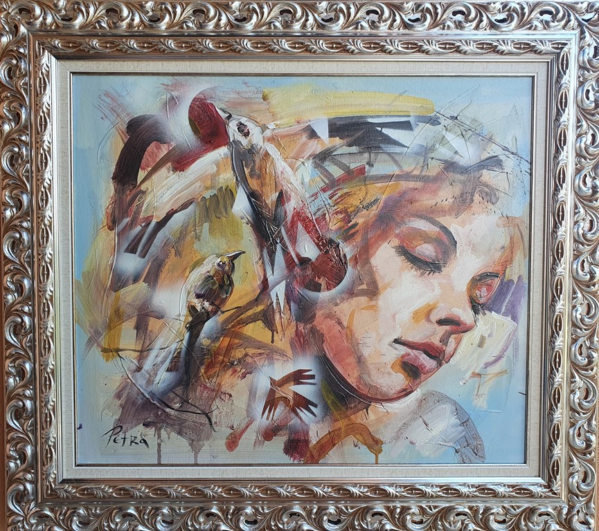 Devojka i ptice, ulje na platnu, sa 82×92 cm, bez 60×70 cm, sertifikat, lux ram, akademski slikar Nebojša Petrović Petra, 360 eura