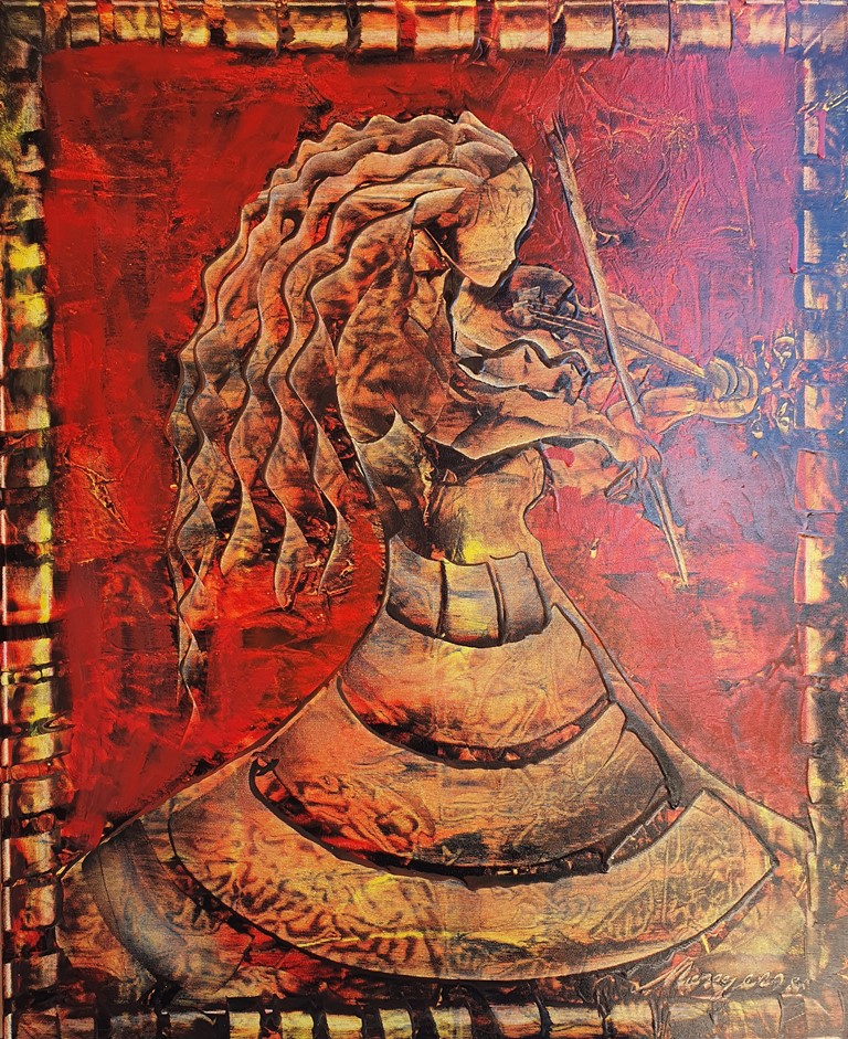 Muzičarka, Monegorijas, ulje na platnu kombinovana tehnika, 80×65 cm, sertifikat, 350 evra
