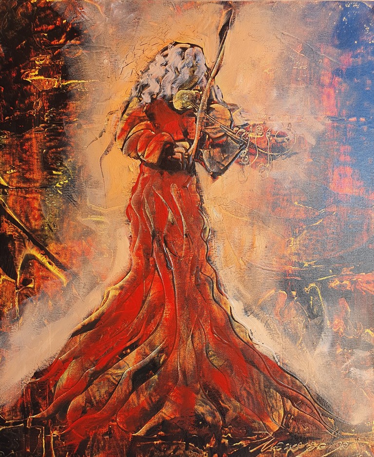 Violinistkinja, Monegorijas, kombinovana tehnika ulje platno, 50×60 cm, sertifikat, 150 evra