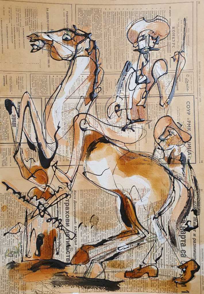 Don Kihot 3, kombinovana ulje i crtez na kartonu, 50×35 cm, akademski Dušan Rajšić, sertifikat, 50 eura