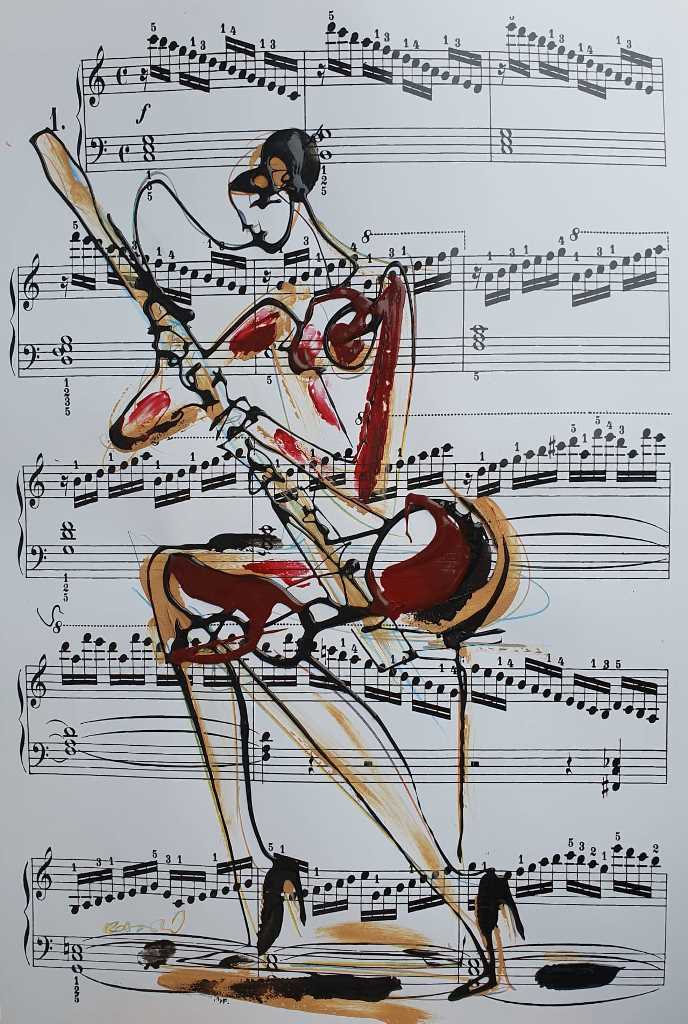 Muzika 4, kombinovana ulje i crtez na papiru, 49×33 cm, akademski Dušan Rajšić, sertifikat, 50 eura