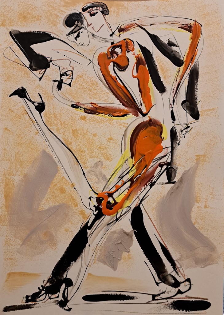 Plesači 6, kombinovana ulje i crtez na papiru, 50×35 cm, akademski Dušan Rajšić, sertifikat, 80 eura