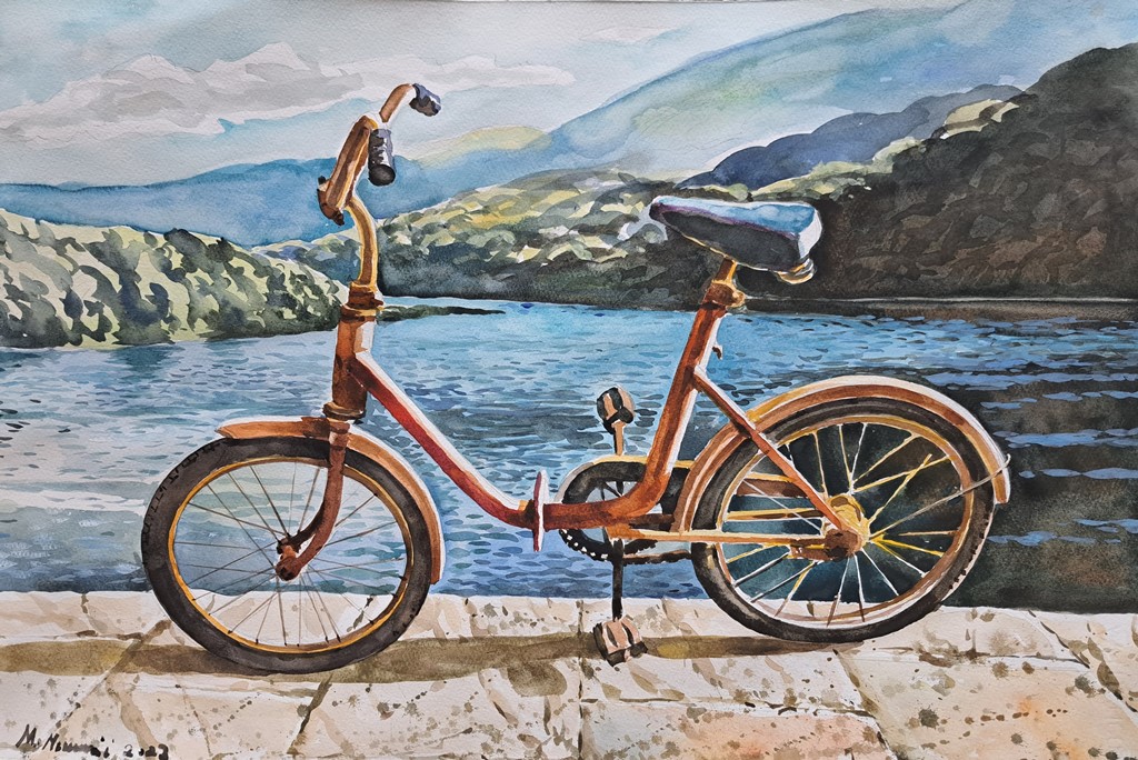 Bicikl II, Momo Macanović, akvarel, 38×56 cm, sertifikat, 2023. , 200 eura