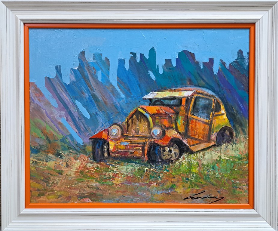 Stari auto III, ulje na platnu, Ivan Vanja Milanovic, sa 53×63 cm, bez 40×50 cm, sertifikat, 130 evra