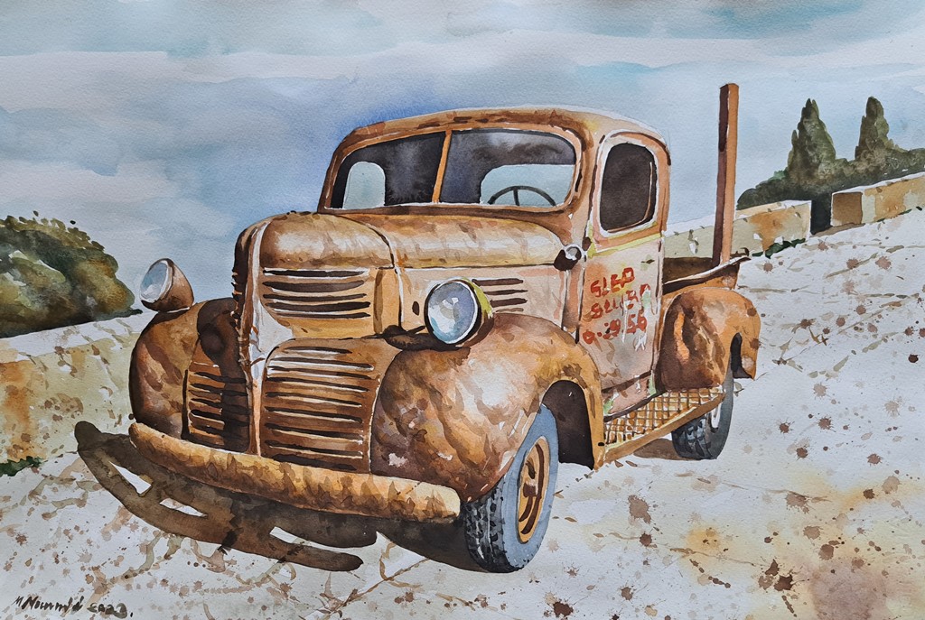 Stari kamion II, Momo Macanović, akvarel, 38×56 cm, sertifikat, 2023. , 200 eura