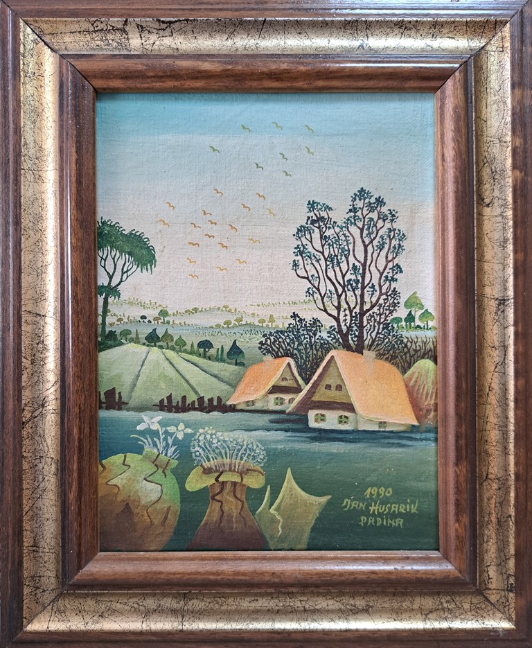 Selo, Jan Husarik, naiva, ulje na platnu, sa 28×23 cm, bez 20×15 cm, 1990.god, sertifikat, 650 eura