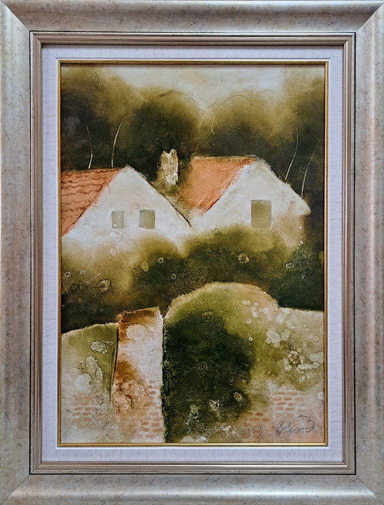 Dve kuće, Pavle Blesić, kombinovana tehnika ulje na lesonitu, sa 64×49 cm, bez 50×35 cm, sertifikat, mišljenje Kusovca, 700 eura