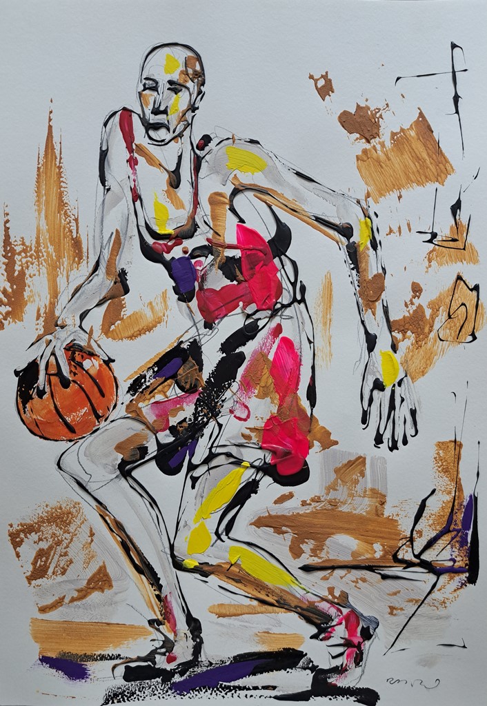 Košarkaš 3, kombinovana ulje i crtez na papiru, 50×35 cm, akademski ...