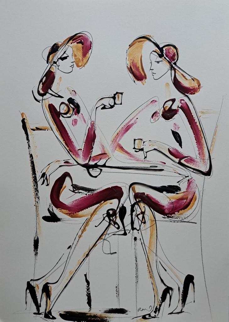 U kafeu 4, kombinovana ulje i crtez na papiru, 50×35 cm, akademski ...