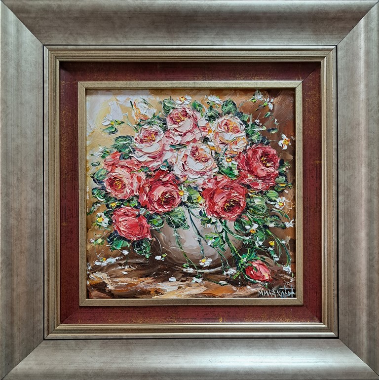 Ruže 2, ulje na platnu, sa 34×34 cm, bez 20×20 cm, uramljena, Bosa Milaković, sertifikat, 90 eura