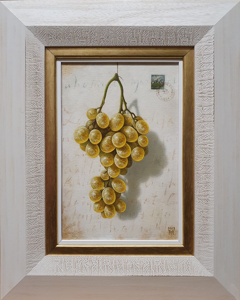 Beli grozd, ulje na lesonitu, Miljan Vasiljević, sa 49×39 cm, bez 30×20 cm, sertifikat, 300 evra