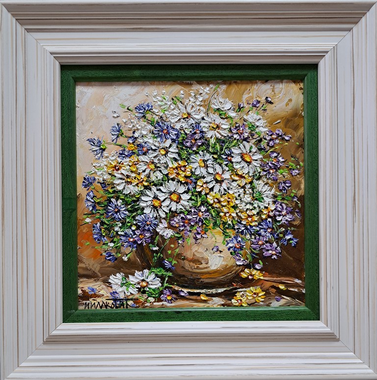 Cveće 1, ulje na platnu, sa 31×31 cm, bez 20×20 cm, uramljena, Bosa Milaković, sertifikat, 90 eura
