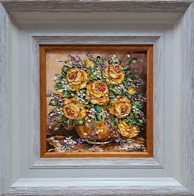 Ruže 4, ulje na platnu, sa 34×34 cm, bez 20×20 cm, uramljena, Bosa Milaković, sertifikat, 90 eura