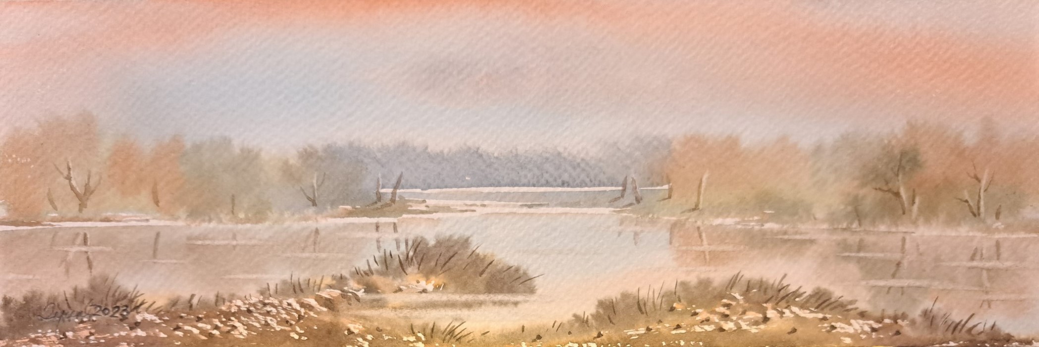 Pokraj reke 1, Predrag Dojkić, 10×30 cm, akvarel na papiru, sertifikat, 30 eura
