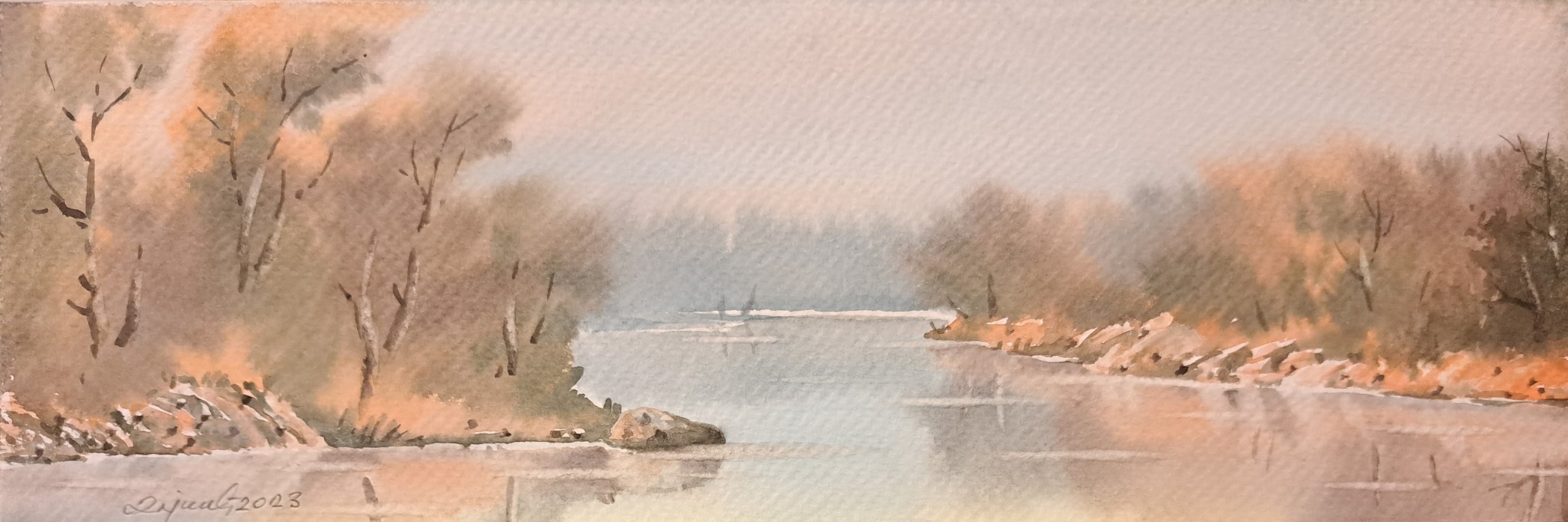 Pokraj reke 3, Predrag Dojkić, 10×30 cm, akvarel na papiru, sertifikat, 30 eura