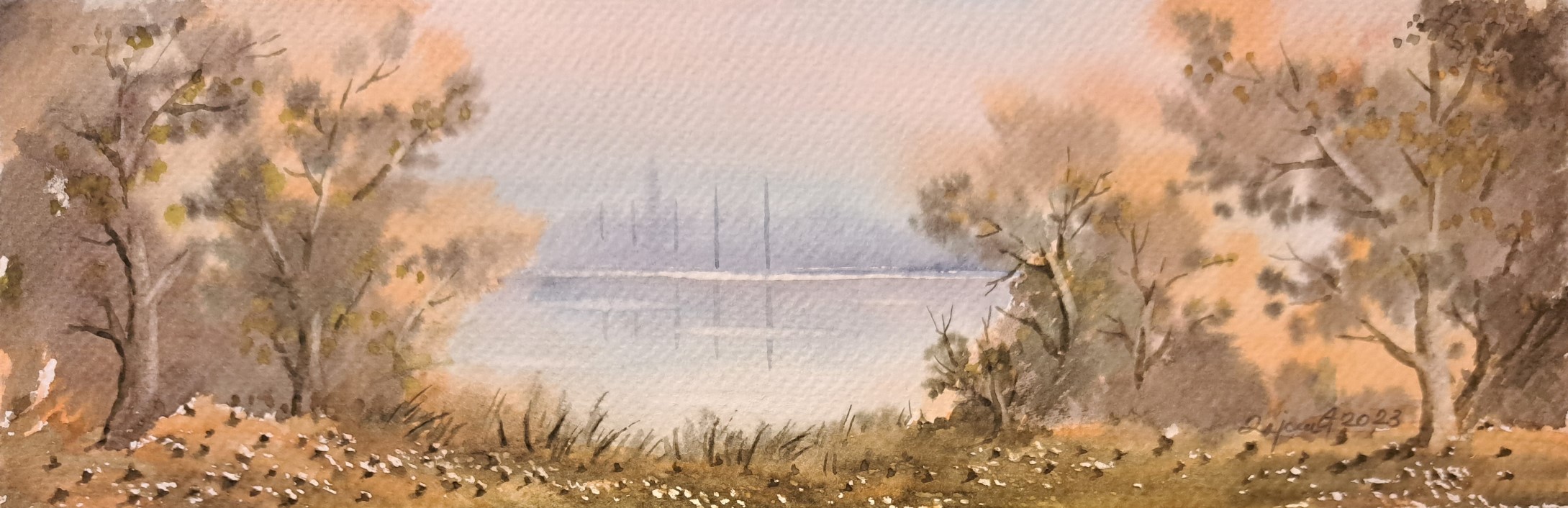 Pokraj reke 5, Predrag Dojkić, 10×30 cm, akvarel na papiru, sertifikat, 30 eura