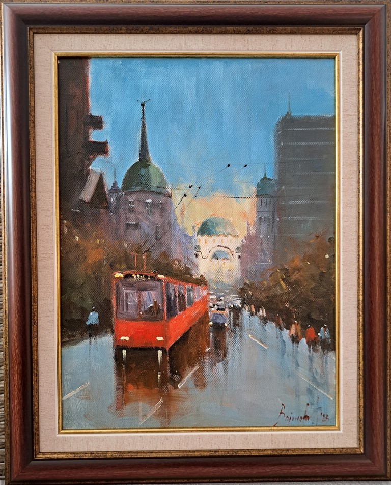 Crveni tramvaj 2, Radovan Vojinović, sa 51×41 cm, bez 40×30 cm, ulje na platnu, sertifikat, 120 eura
