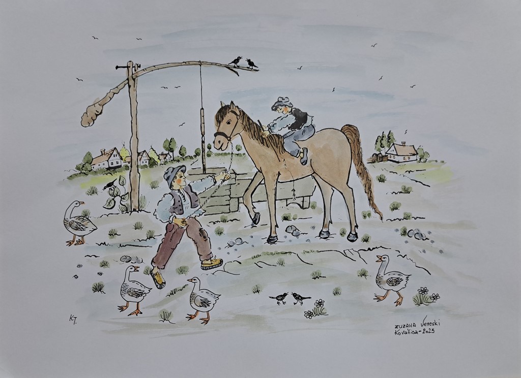 Dečija radost igra na selu, Zuzana Vereski, Naiva Kovačica, grafika dorađena akvarelom, 29×41 cm, sertifikat, 50 eura