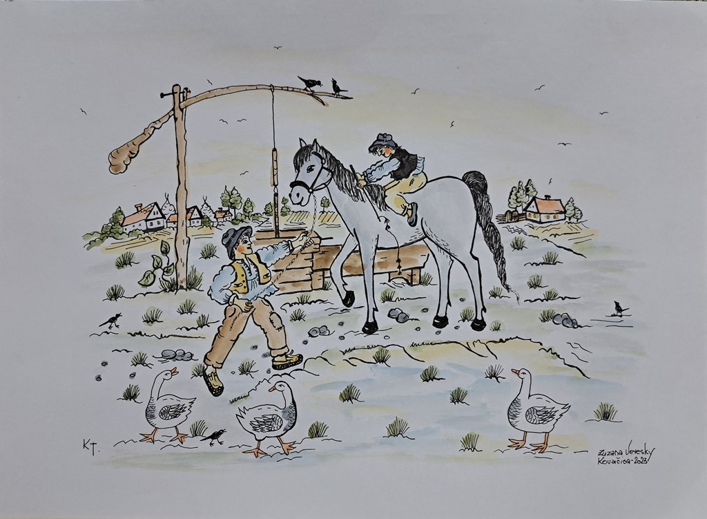 Dečija radost jahanje konjića, Zuzana Vereski, Naiva Kovačica, grafika dorađena akvarelom, 29×41 cm, sertifikat, 50 eura