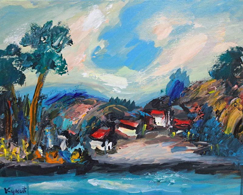 Kuće kraj reke, ulje na platnu, Dragan Kunić, sertifikat, 40×50 cm, 190 eura