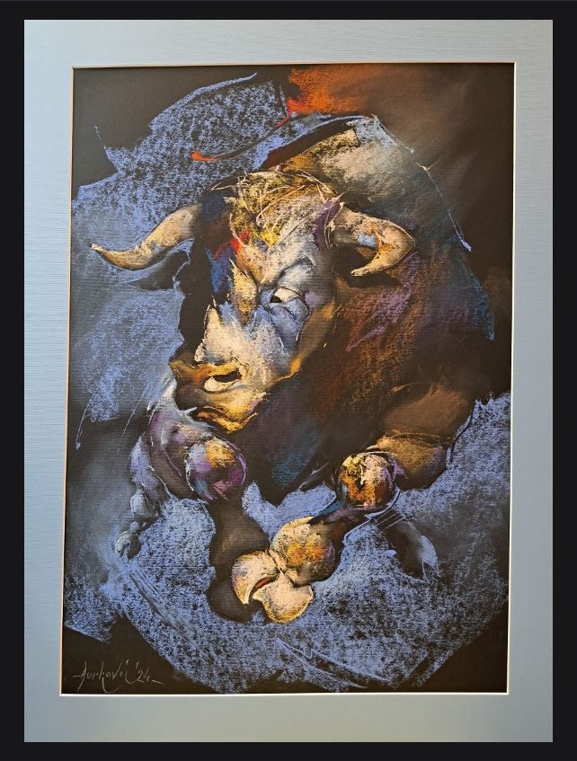 Divlji bik, pastel, sa 72×52 cm, bez 68×48 cm, sertifikat, Braca Đurković, 400 eura