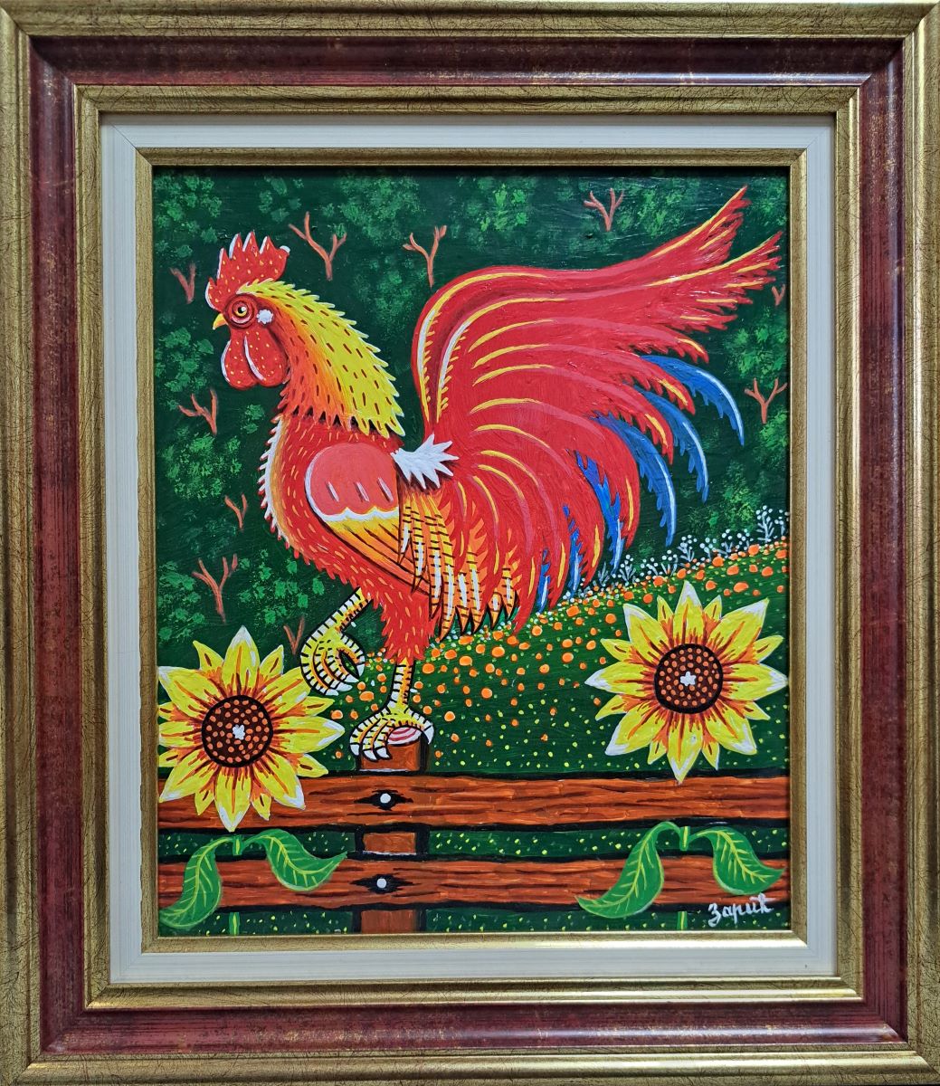 Petao i suncokreti, Zoran Zarić, ulje na platnu, sa 41×36 cm, bez 30×25 cm, uramljena, sertifikat, 135 eura