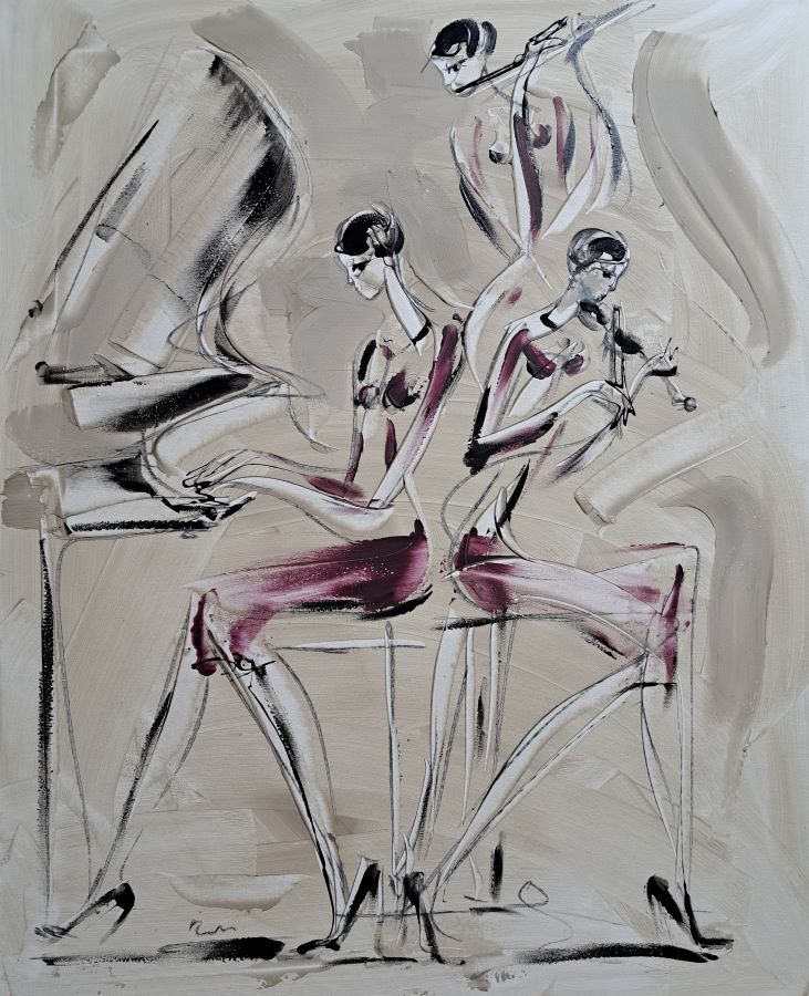 Trio muzicira 1, akril na platnu, 100×80 cm, akademski Dušan Rajšić, sertifikat, 550 eura