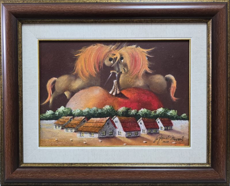 Braon rapsodija I, Janoš Mesaroš, kombinovana tehnika lak pastel, luksuzno uramljen, sa 43×55 cm, bez 25×35 cm, sertifikat, 35400 dinara