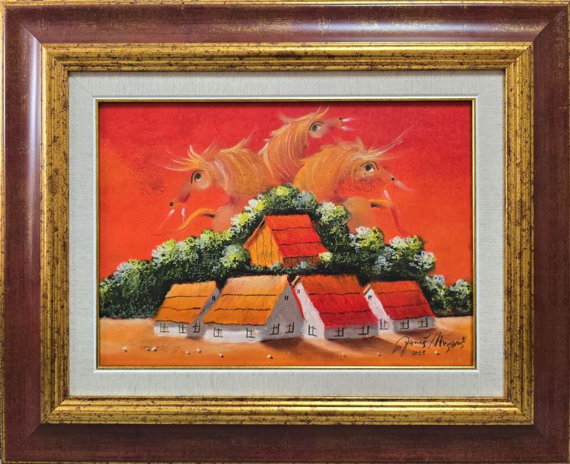 Crvena rapsodija I, Janoš Mesaroš, kombinovana tehnika lak pastel, luksuzno uramljen, sa 44×54 cm, bez 25×35 cm, sertifikat, 35400 dinara