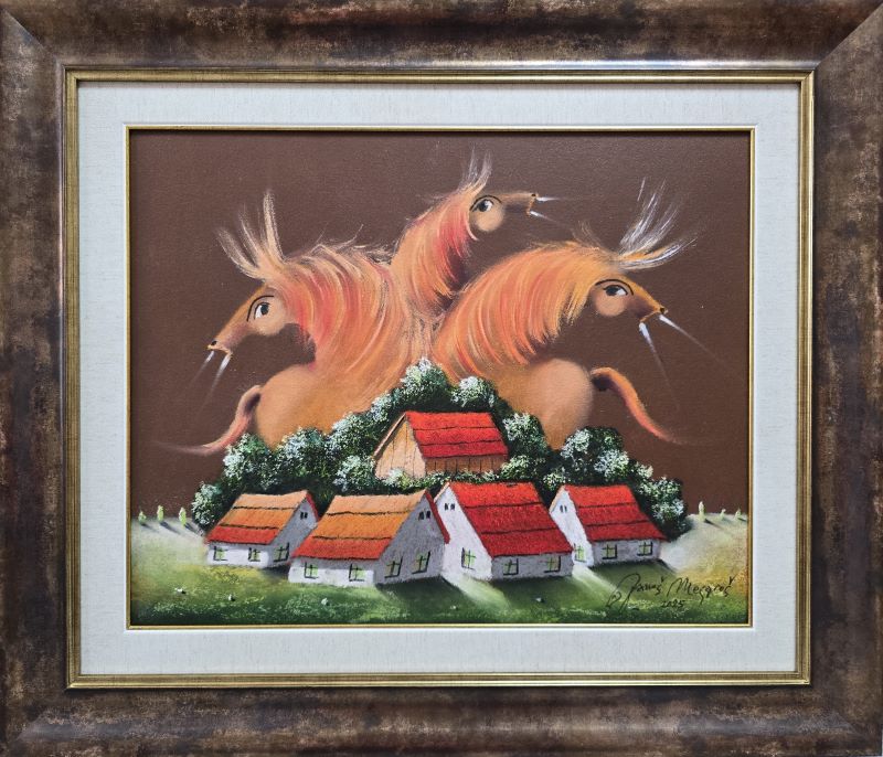 Čuvarkuća I, Janoš Mesaroš, kombinovana pastel ulje tehnika, luksuzno uramljena, sa ramom 48×58 cm, bez rama 40×50 cm, sertifikat, 70800 dinara