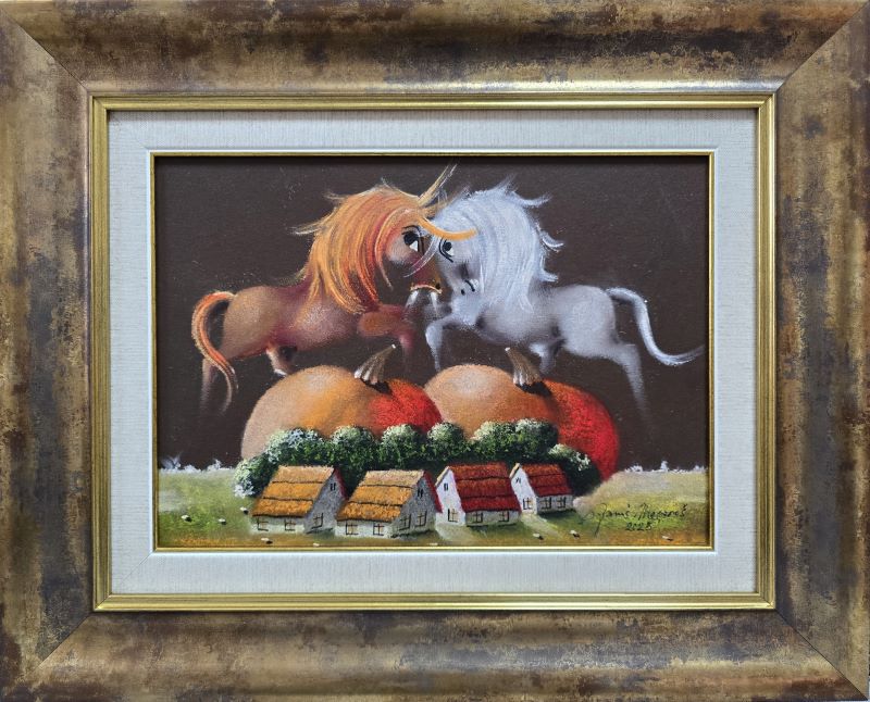 Ljubav I, Janoš Mesaroš, kombinovana tehnika lak pastel, luksuzno uramljen, sa 41×51 cm, bez 25×35 cm, sertifikat, 35400 dinara