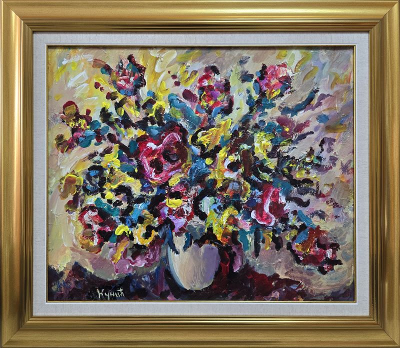 Vaza sa cvećem 1, ulje na platnu, Dragan Kunić, sertifikat, sa 66×79 cm, lux ram, bez 50×60 cm, 33040 dinara