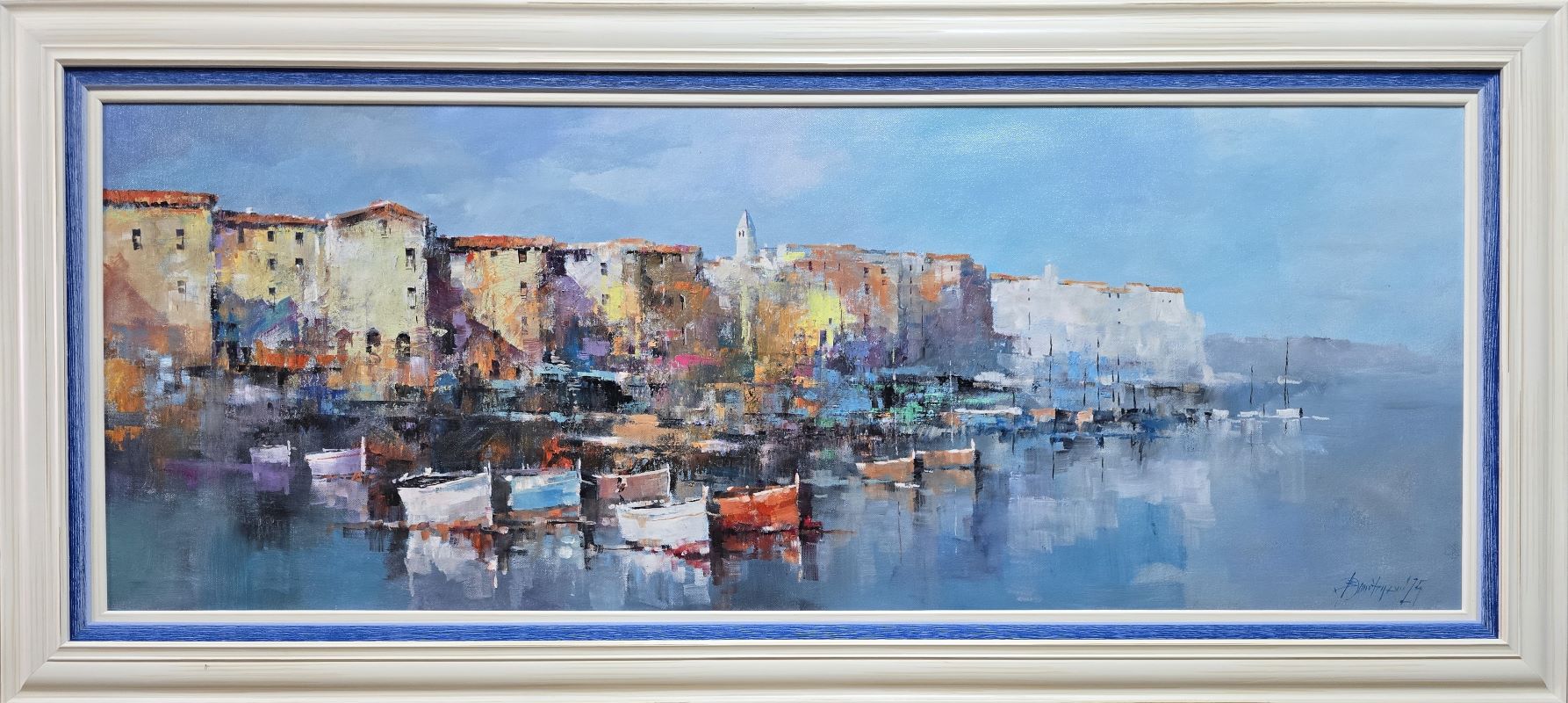 Barke na moru, Branko Dimitrijević, ulje na platnu, luks uramljena, sa 62×137 cm, bez 45×120 cm, sertifikat, 70800 dinara