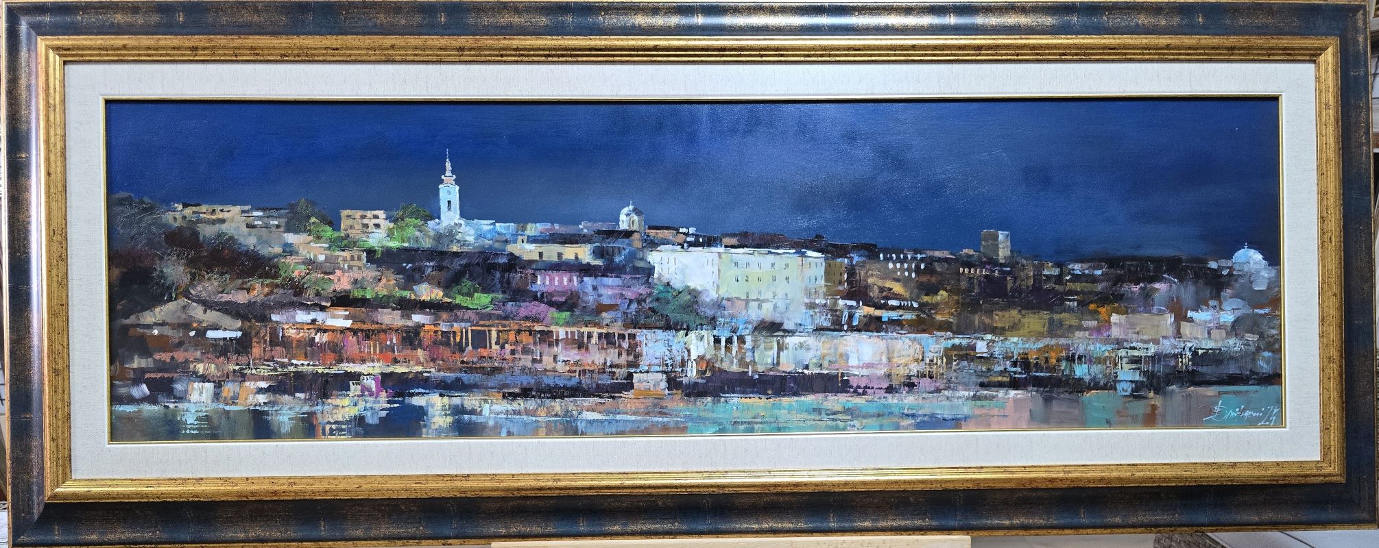 Beograd na Savi 1, Branko Dimitrijević, ulje na platnu, luks uramljena, sa 56×141 cm, bez 35×120 cm, sertifikat, 70800 dinara