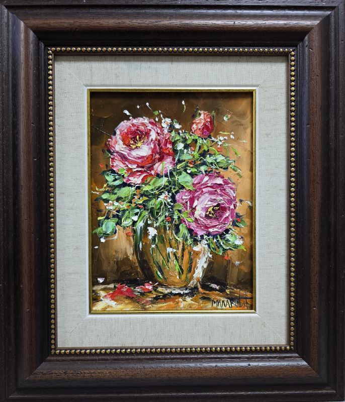 Cveće 1, ulje na platnu, sa 36×31 cm, bez 20×15 cm, uramljena, Bosa Milaković, sertifikat, 9440 dinara