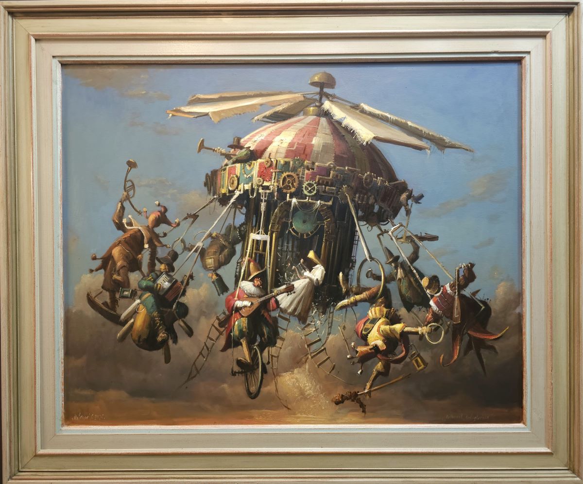 Karneval ludoglavaca, Goran Mitrović, ulje na platnu kaširana na lesonitu, bez rama 80×100 cm, sa ramom 104×124 cm, luksuzno uramljena, 2025., sertifikat, 389400 dinara
