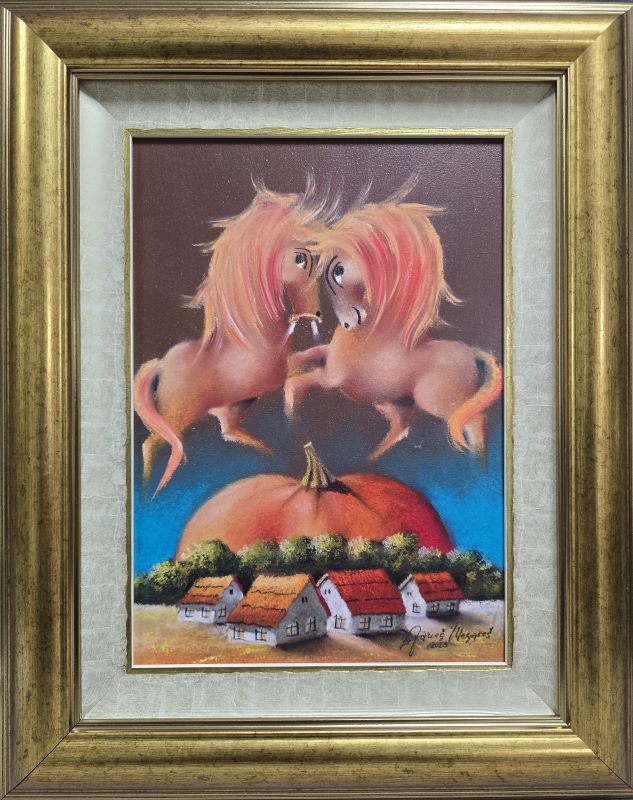 Ljubav je sve II, Janoš Mesaroš, kombinovana tehnika na kaširanom platnu, luksuzno uramljena, sa 51×41 cm, bez 35×25 cm, sertifikat, 31860 dinara