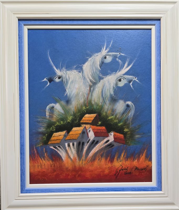 Pijane kuće II, Janoš Mesaroš, kombinovana pastel ulje tehnika, luksuzno uramljena, sa ramom 66×56 cm, bez rama 50×40 cm, sertifikat, 70800 dinara