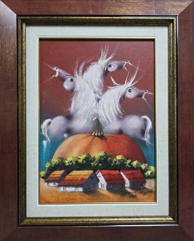 Porodica II, Janoš Mesaroš, kombinovana tehnika na kaširanom platnu, luksuzno uramljena, sa 51×41 cm, bez 35×25 cm, sertifikat, 31860 dinara