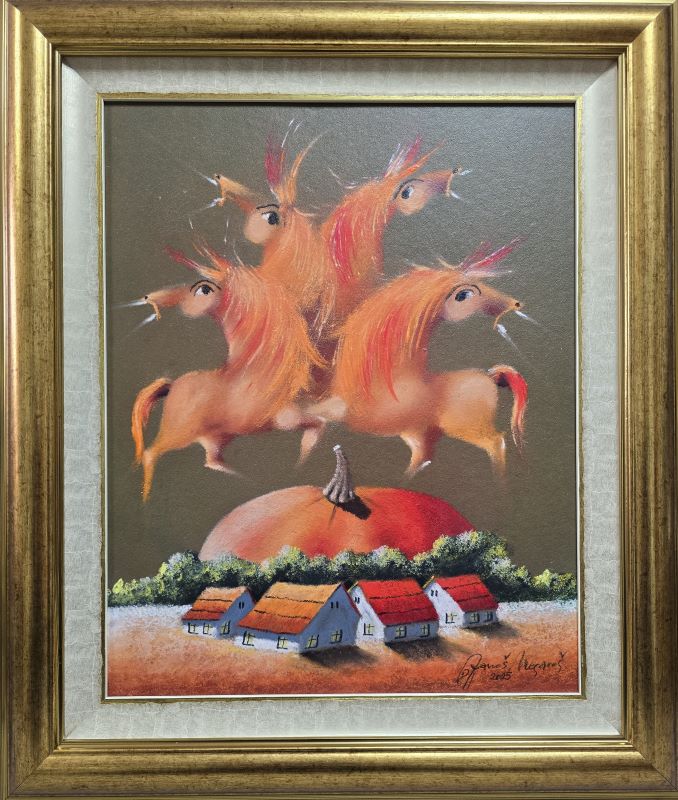 Rodilo je rodilo II, Janoš Mesaroš, kombinovana pastel ulje tehnika, luksuzno uramljena, sa ramom 66×56 cm, bez rama 50×40 cm, sertifikat, 70800 dinara