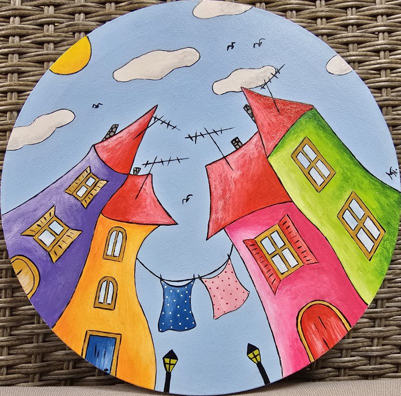 Sušenje veša, akril na okrglom platnu, prečnik 30 cm, Tijana L. , sertifikat, 5900 dinara